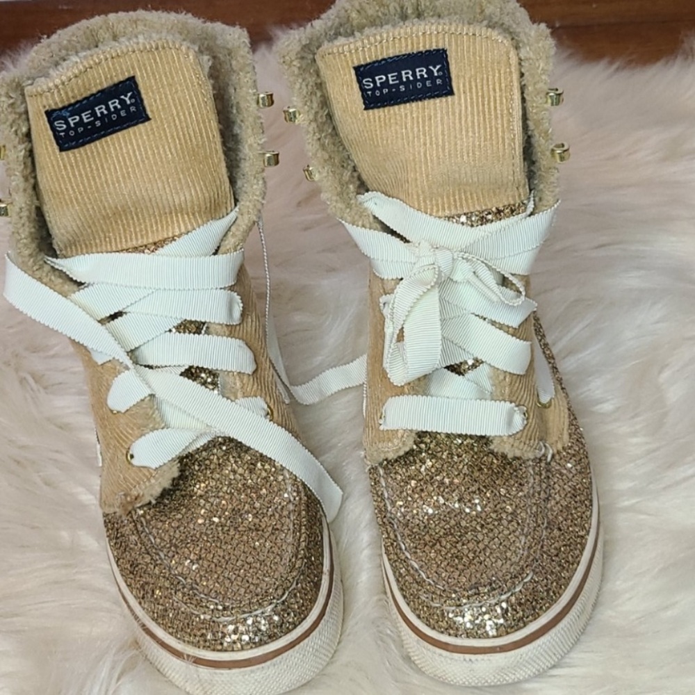 Sperry top sider tan corduroy & glitter boots 6.5